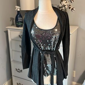 Sequin Top Tank Knit Long Sleeve Belted Charcoal Gray Womens Medium Tie Belt